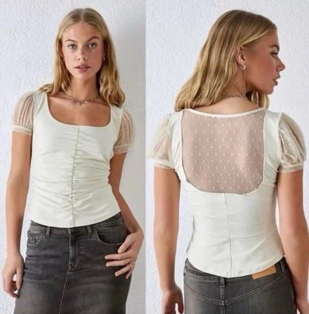 Intimately Free People Ivory Ruched Square Neck Mesh Puff Sleeve Top Sheer Polka